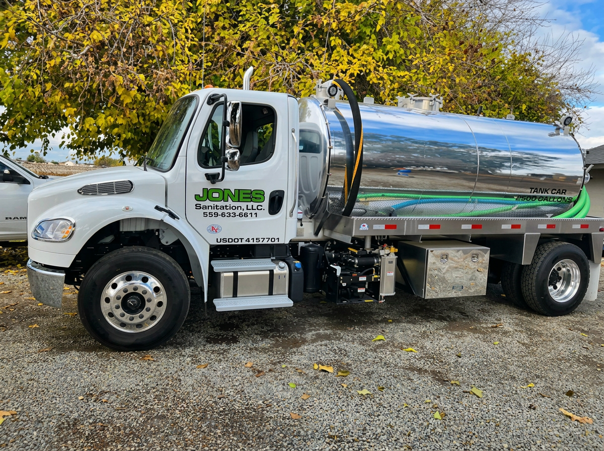 Jones Sanitation LLC septic pump truck with chrome tank parked on a job site in Coalinga, CA